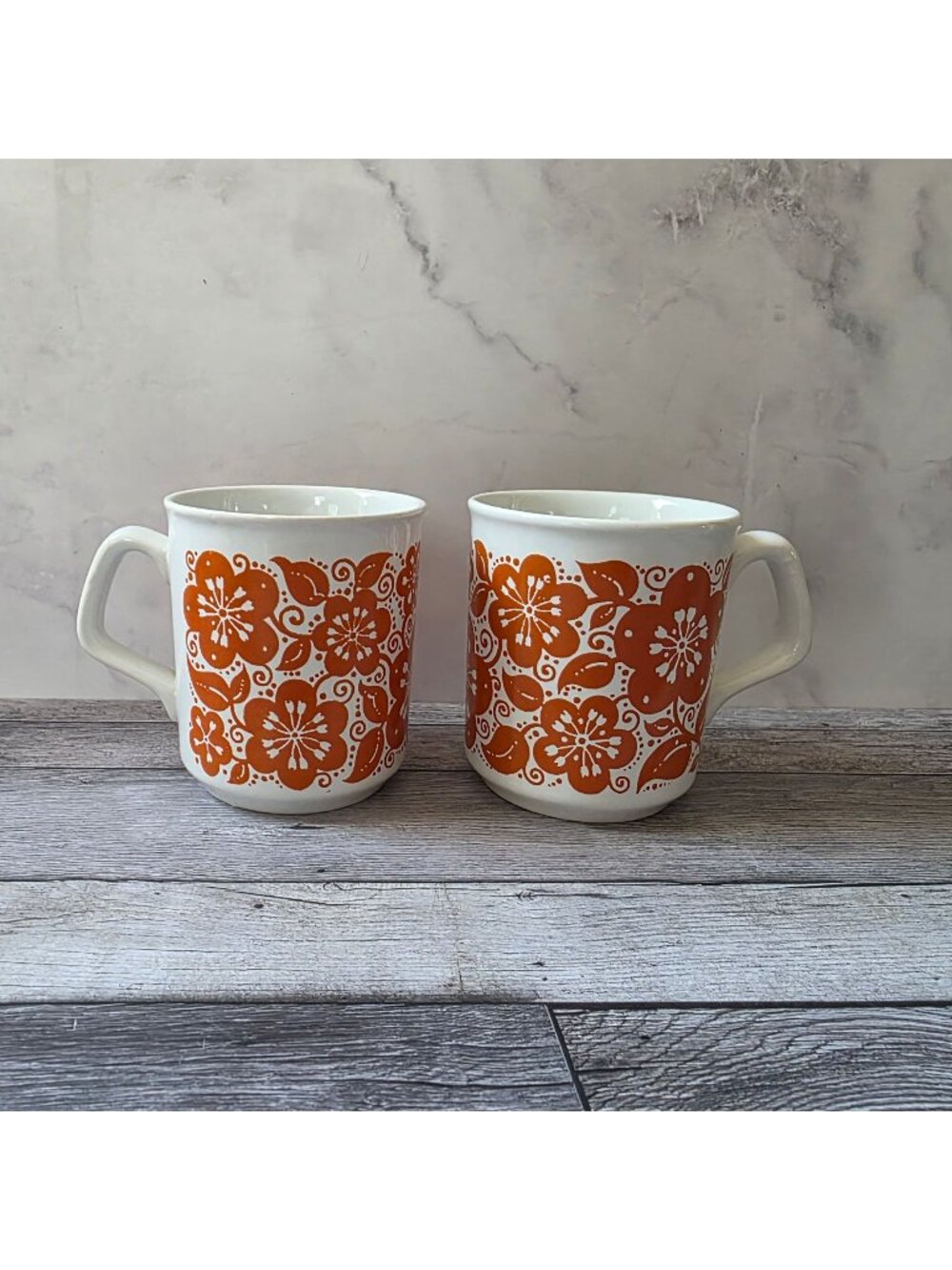 Set Of 2 Retro Tams England Orange Floral Ceramic Coffee Mugs 4.25" Tall